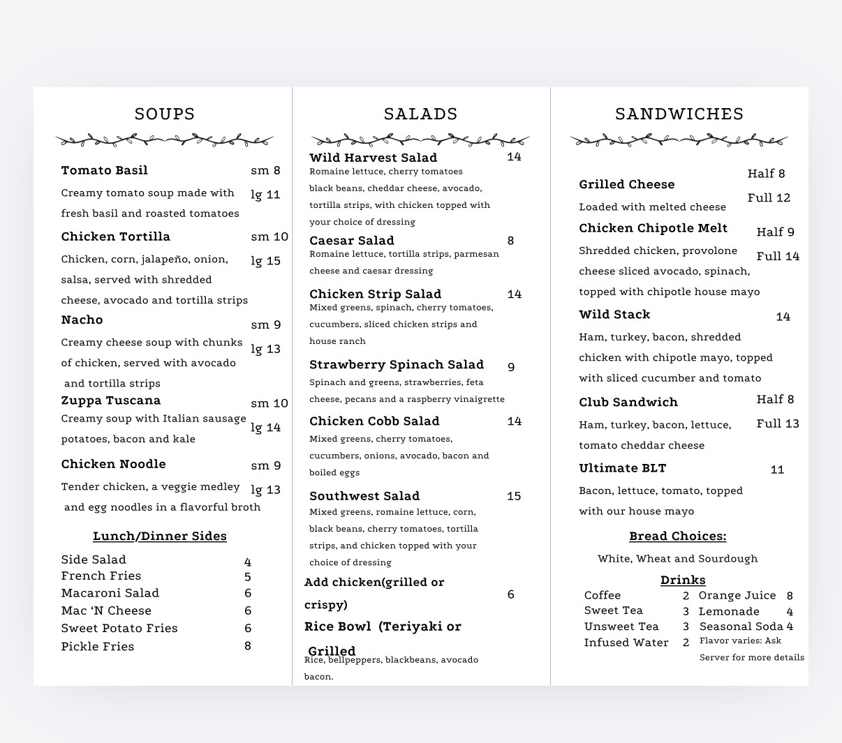 Wild Harvest Kitchen lunch and dinner menu